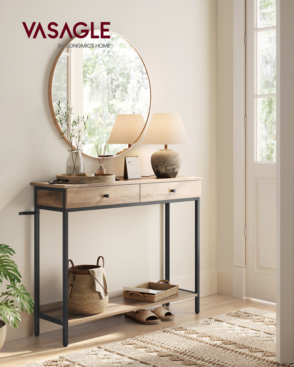 Consola cu 2 sertare, Vasagle, 100x30x80 cm, PAL/otel, camel/negru - imagine 6